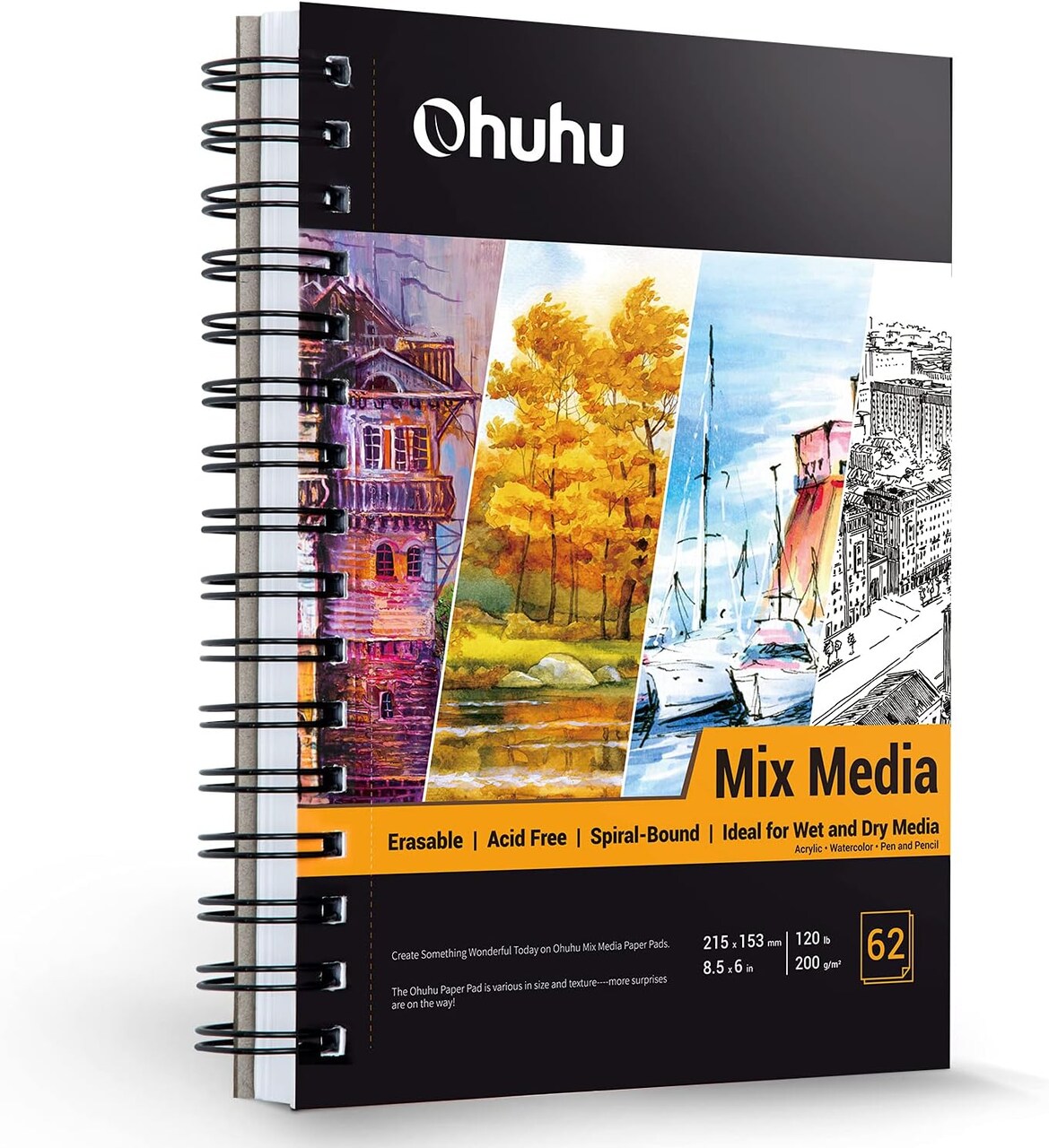 Ohuhu Mix Media Pad, Mixed Media Art Sketchbook, 120 LB/200 GSM Heavyweight Papers, Spiral Bound Mixed Media Paper Pad for Acrylic, Painting Christmas Gift